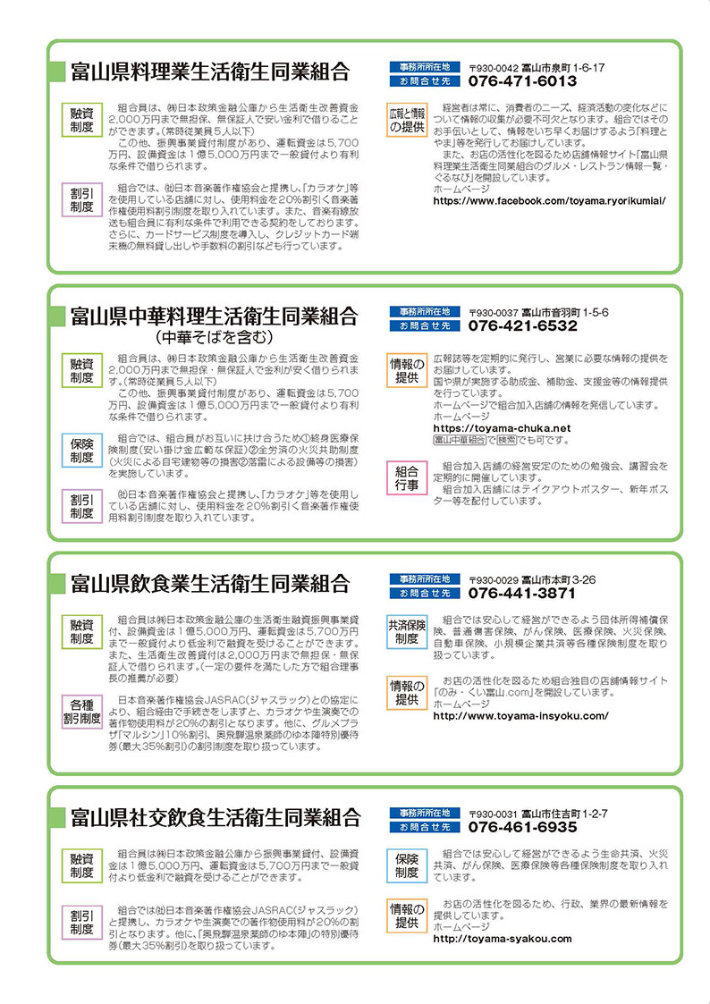 各生活衛生同業組合の所在地と連絡先一覧。